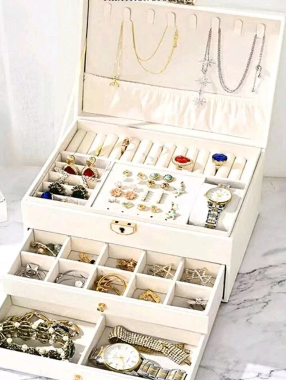 White Jewelry Organizer Box with Removable Trays